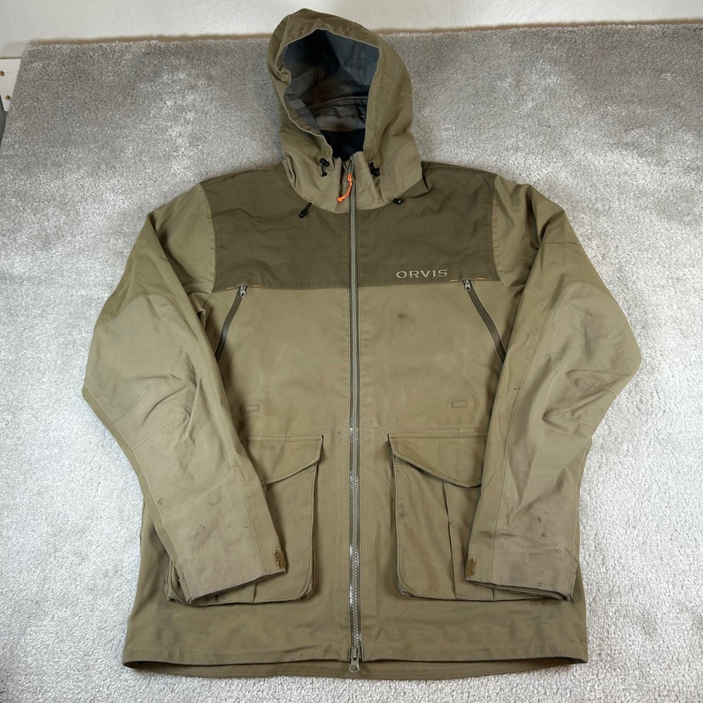 Orvis Field Wading Jacket Mens Medium Tan Olive Hooded Technical Shell Read Desc